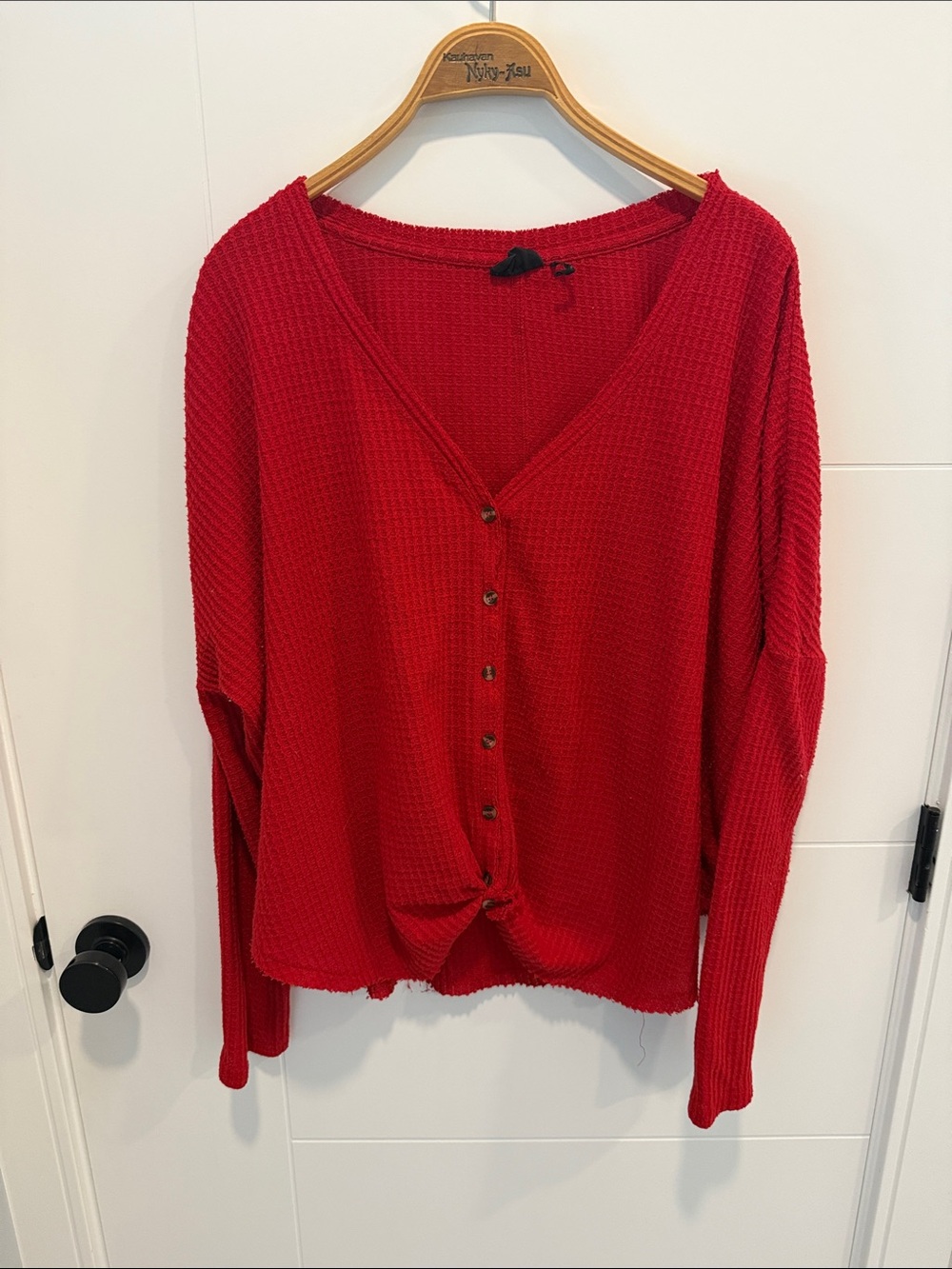 Urban Outfitters Red Waffle-Knit Button Top